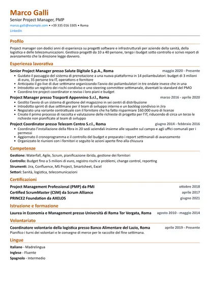 Curriculum di esempio per Project Manager con layout Compatto
