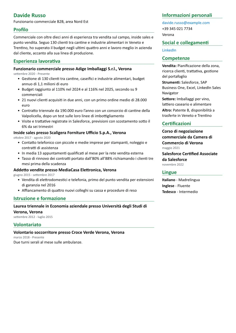 Curriculum di esempio per Commerciale con layout Due colonne