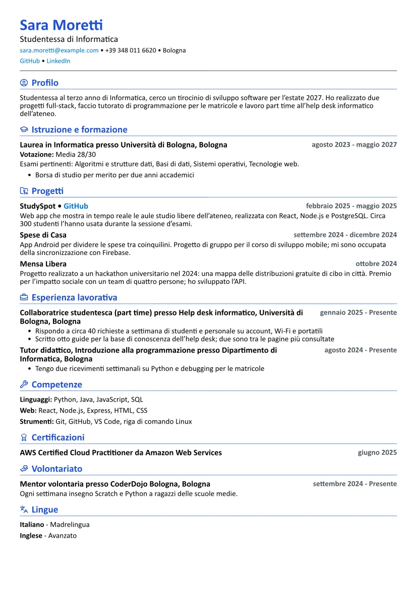 Curriculum di esempio per Studente con layout Compatto