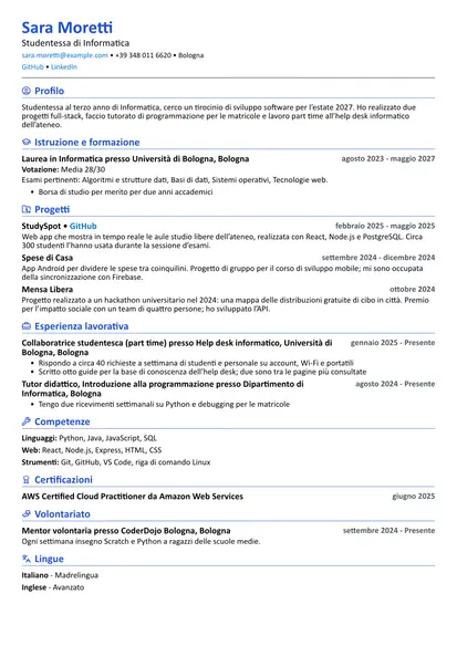 Curriculum di esempio per Studente con layout Compatto