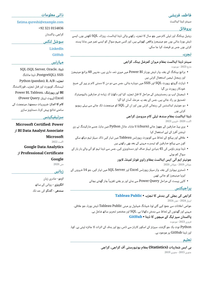 دو کالم لے آؤٹ میں ڈیٹا اینالسٹ کا نمونہ ریزیومے