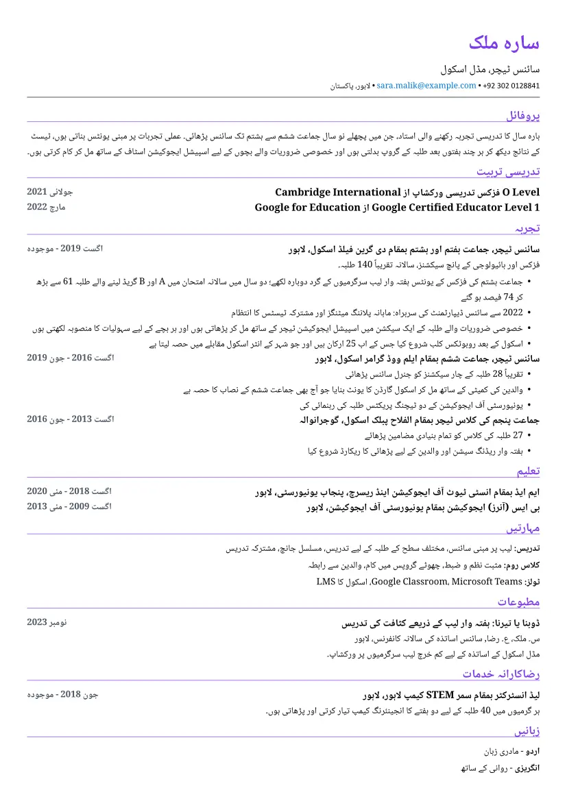 مختصر لے آؤٹ میں ٹیچر کا نمونہ ریزیومے