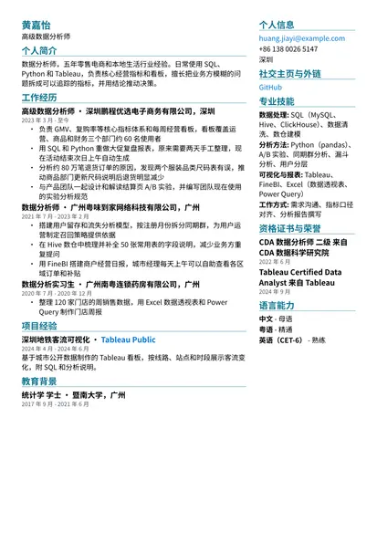 数据分析师示例简历（双栏版式）
